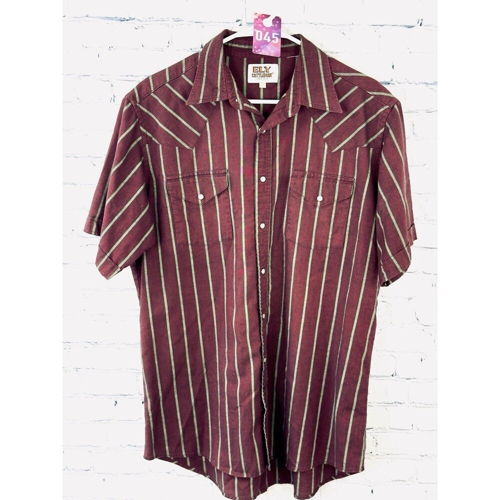 Vtg Ely Cattleman SS Pearl Snap Maroon Stripe Rockabilly 16 1/2 Lg Deadstock